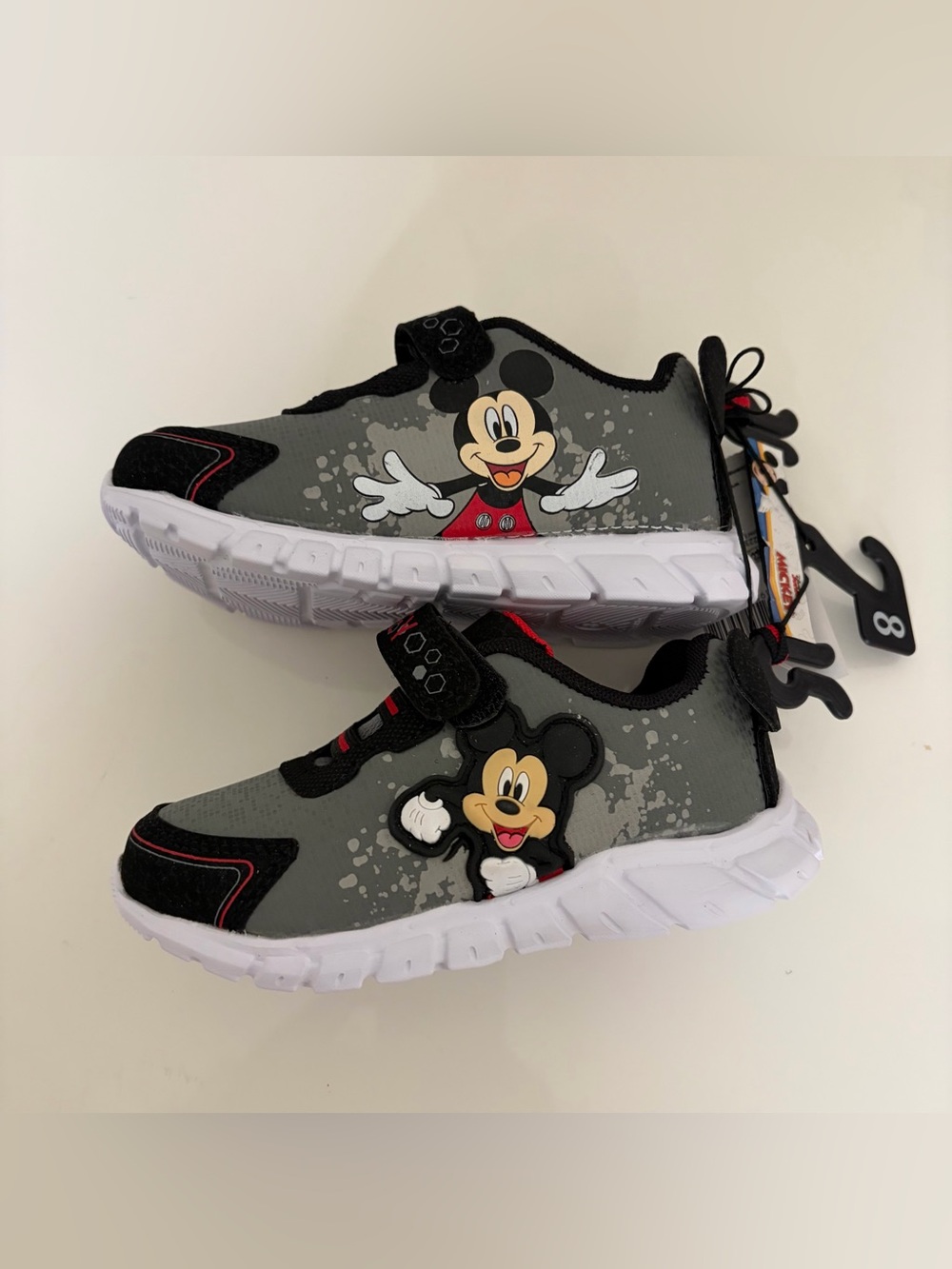 ❤️Disney Gray and Black Mickey Mouse Kids Sneakers with Red Accents New Size 8